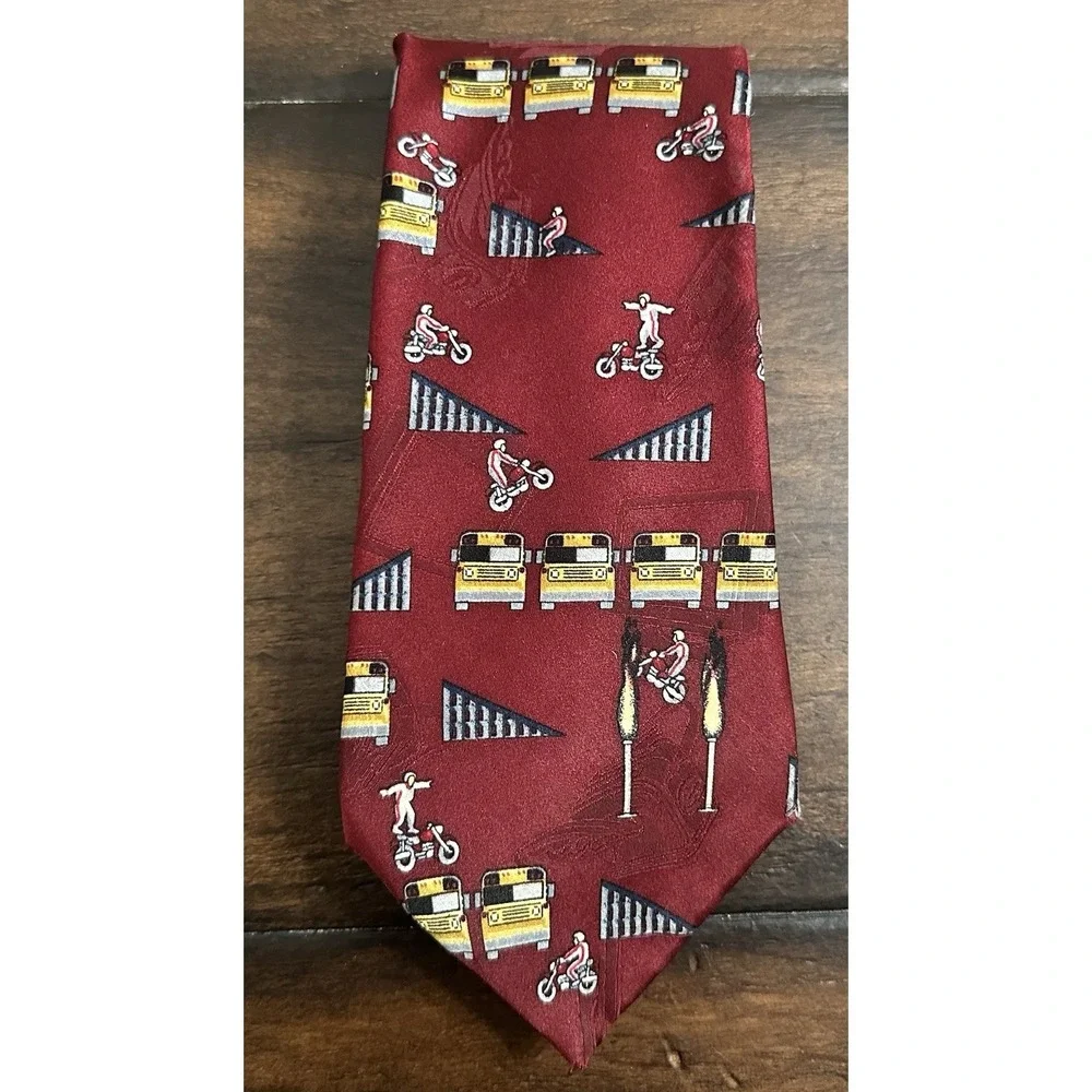 After Dark Daredevil Stunt Novelty Tie‎ Motorcycle School Bus Flames Red Silk
